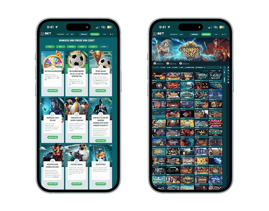 22bet-casino-handy-screenshots Zwei Smartphones im Hochformat, rechts die Promotionseite mit 6 Aktionen und links das Olympus Slot Banner und die Casino Lobby mit 70 Spielen.