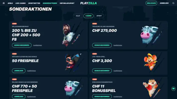 Sonderaktionen-Seite mit Willkommensbonus sowie wöchentlichen Reload- und Live Casino Boni.