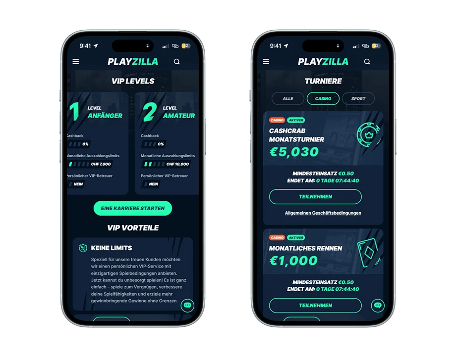 playzilla-casino-handy-screenshots Zwei Smartphones: rechts mit den VIP Levels und Vorteilen und links mit der Turnierübersicht.