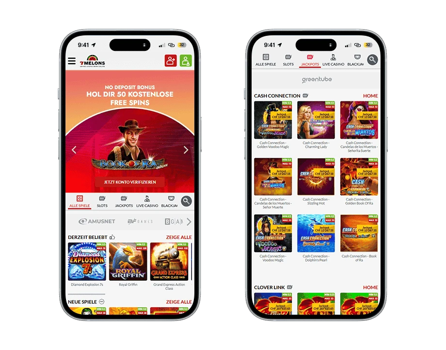 7melons-casino-handy-screenshots Zwei Smartphones: Links ist das Willkommensbanner mit einem Forscher und dem Book of Ra Schriftzug und rechts ist die Spiele Vorschau von Cash Connection Slots.
