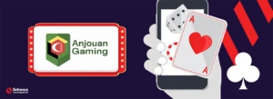 Ajouan Gaming Lizenz Logo auf einer weissen Plakette neben einem Smartphone und einer Spielkarte