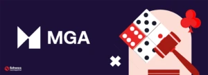 MGA Lizenz Logo neben vier Würfeln und einem braunen Hammer