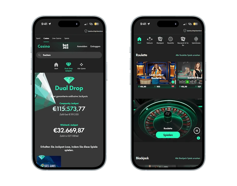 bet365-casino-handy-screenshots Zwei Smartphones: Links sieht man die Dual Drop Jackpots von 115'573.77 € und 32'669.87 € sowie rechts ein Rouletterad dem Cash Collect Roulette Spiel-Kachel.