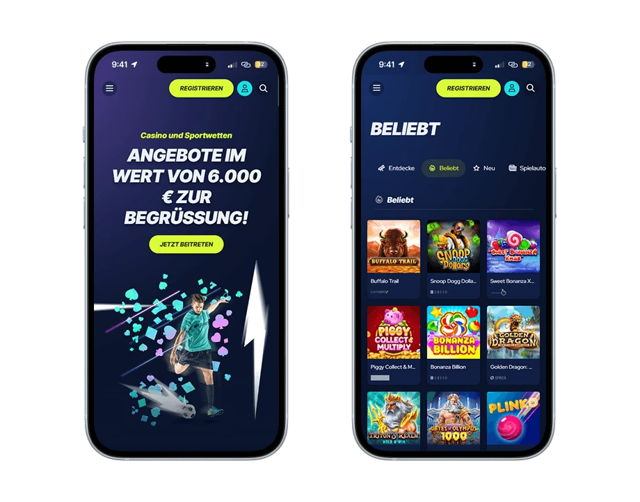 betbeast-casino-handy-screenshots Zwei Smartphones: Links ist das Willkommensangebot von 6'000 € mit einem Fussballspieler und rechts sind 9 Spiele-Kacheln aus der Beliebt-Kategiorie.