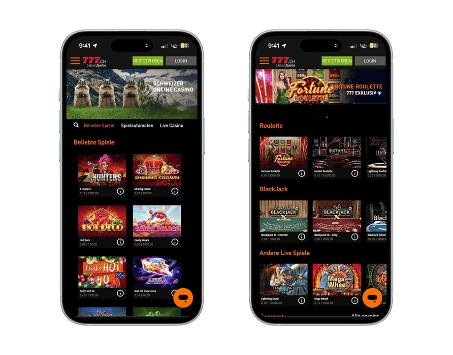 casino777-handy-screenshots Zwei Smartphones: Links ist das Banner mit drei Murmeltieren und sechs Spielekacheln und rechts das Fortune Roulette Banner mit Live Dealerin im grünen Kleid und sechs Live Titeln.