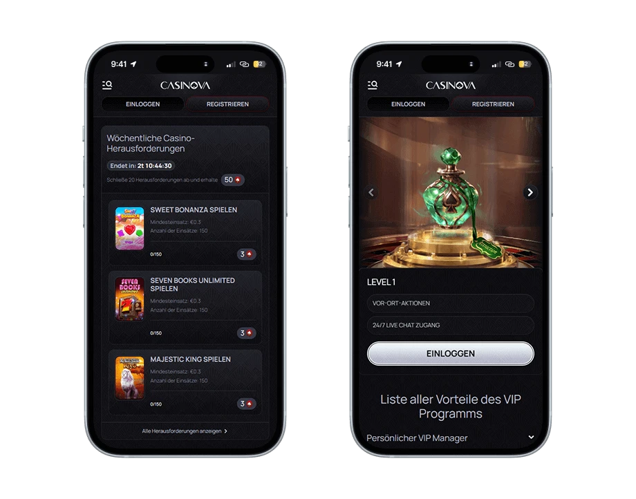 casinova-handy-screenshots Zwei Smartphones: Links sieht man die wöchentlichen Herausforderungen und rechts ist das erste Level vom VIP-Programm und eine grüne Parfümflasche.