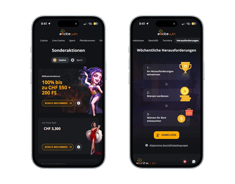 excitewn-casino-handy-screenshots Zwei Smartphones: Links sind die Sonderaktionen mit einer Frauenfigur, die lila Haare und Kleidung trägt sowie rechts sind wöchentliche Herausforderungen mit einem goldenen Pokal, Münzen und einem roten Geschenk.