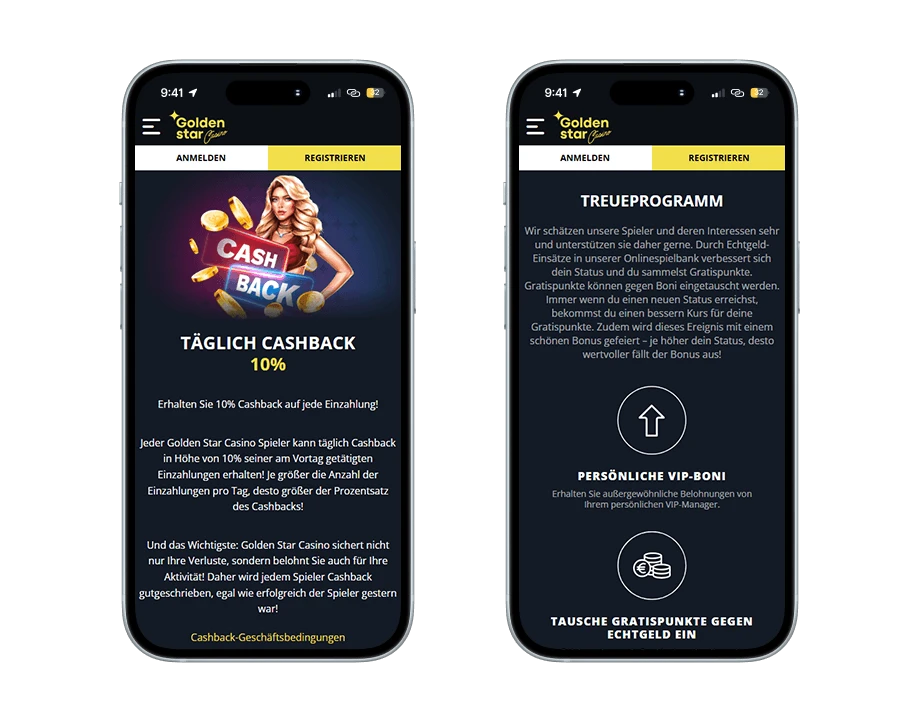 golden-star-casino-handy-screenshots Zwei Samrtphones: Links ist das tägliche 10% Cashback Angebot mit einer blonden Frau und goldenen Münzen sowie links eine Vorschau auf das Treueprogramm mit einem Pfeil.