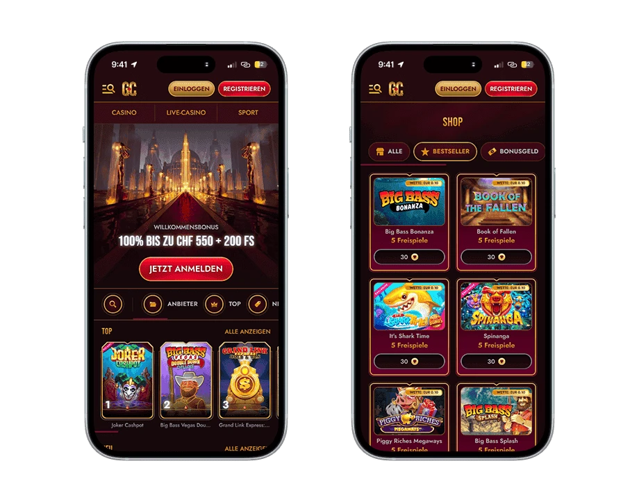 grand-club-casino-handy-screenshots Zwei Smartphones: Links sieht man das Willkommensbanner mit einer goldenen Halle und rechts sieht man eine Vorschau vom Shop mit den Bestseller Slots für Freispiele.