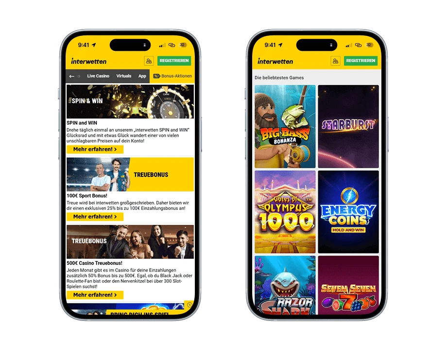 interwetten-casino-handy-screenshots Zwei Smartphones: Links sieht man die Bonusaktionen wie dem Treuebonus auf gelben Banner und rechts sieht man die beliebtesten Games wie Big Bass Bonanza, Starburst und Gates of Olympus 1000.