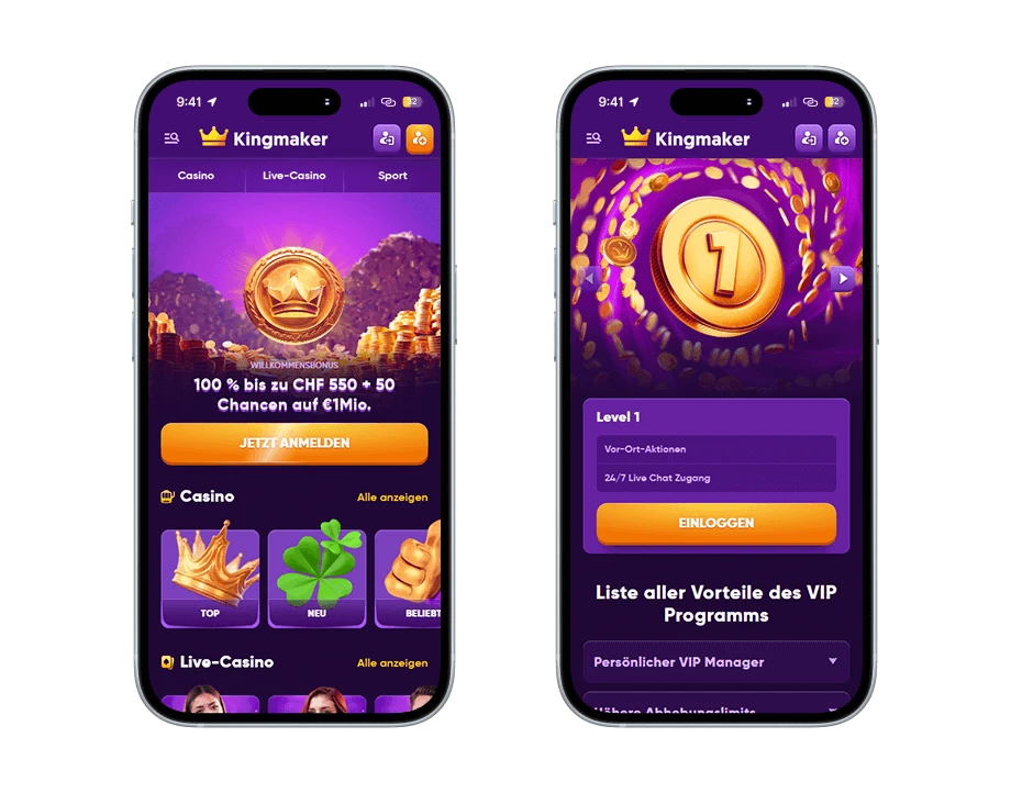 kingmaker-casino-handy-screenshots Zwei Smartphones: Links ist eine goldene Münze, eine Krone sowie Kleeblätter und rechts eine goldene Münze mit einer Eins und der Einloggen-Schaltfläche.