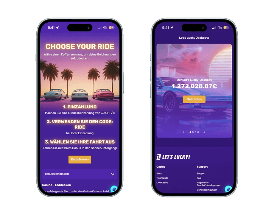 lets-lucky-casino-handy-screenshots Zwei Smartphones: Links drei Autos unter Palmen sowie Registrierungsbutton uns rechts ein verblaster Sportwagen mit dem 1'272'028.87 € Let's Lucky Jackpot.