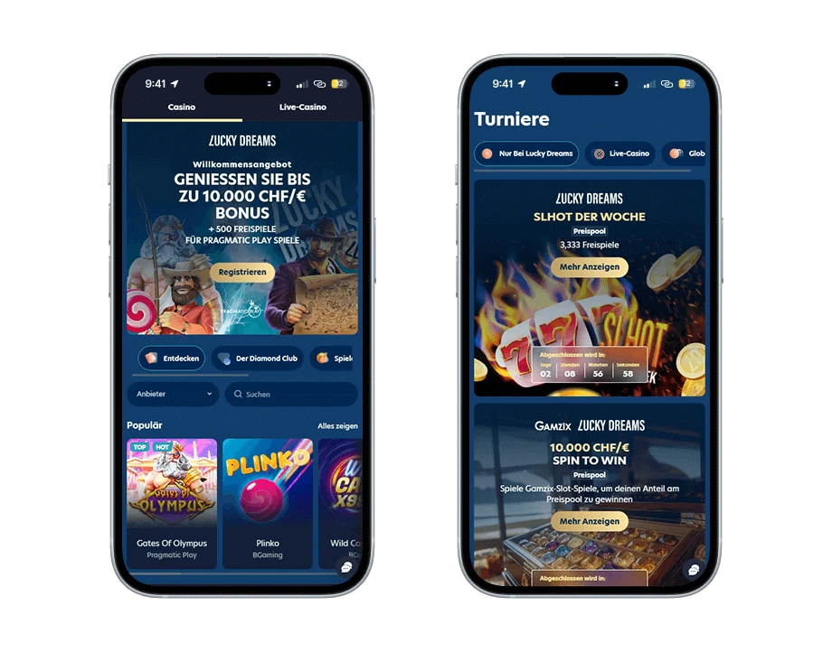 Zwei Smartphones: Links ist der CHF 10'000 Willkommensbonus und die populäre Spiele-Vorschau sowie rechts ist die wöchentliche Turnier-Liste.