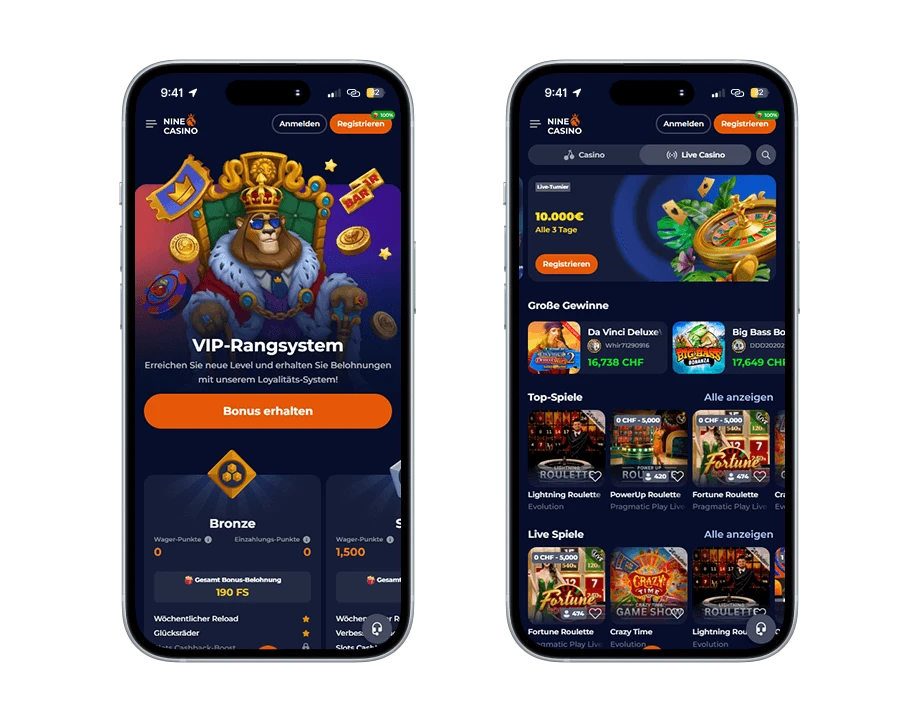 nine-casino-handy-screenshots Zwei Smartphones: Links ein Comic-Löwe mit Krone auf einem Thron und rechts ein goldenes Roulette-Rad mit Spielkarten und Geldnoten.