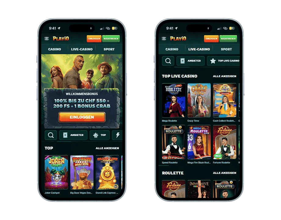 playio-casino-handy-screenshots Zwei Smartphones: Links sind vier Forscher, die im Dschungle stehen und rechts sind sechs Spiele-Kacheln mit Live Casino Dealern und bunten Schriftzügen.