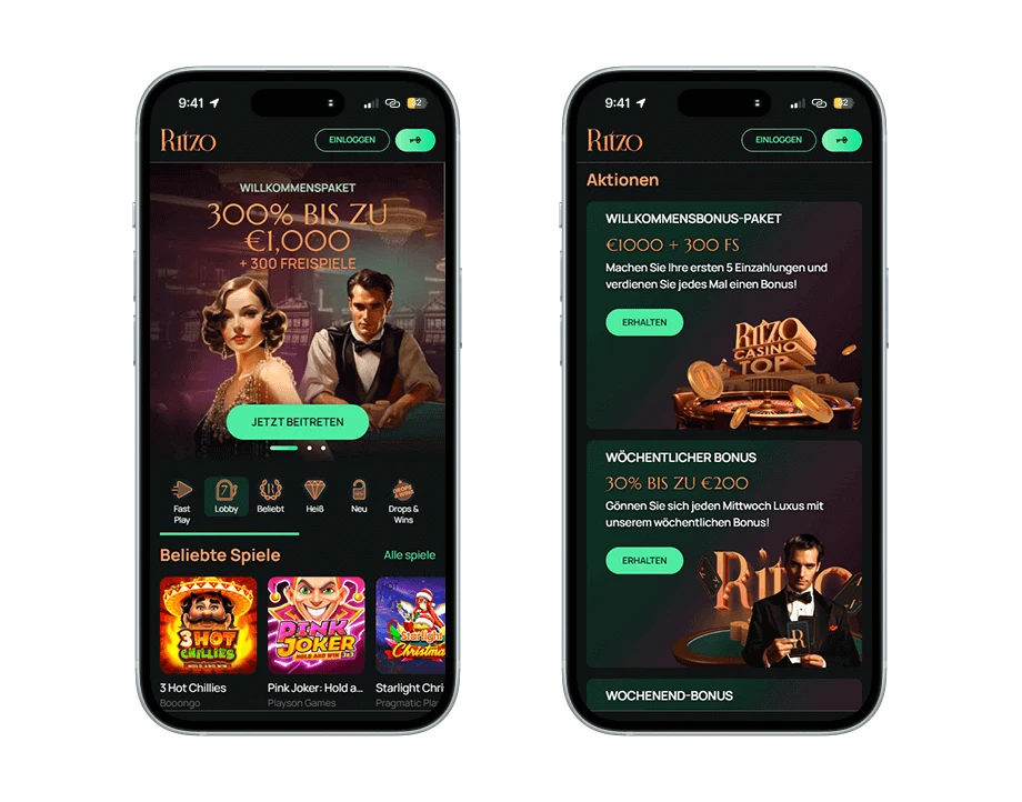 ritzo-casino-handy-screenshots Zwei Smartphones: Links ist ein Mann mit Weste und Fliege sowie eine Frau mit lockigem braunem Haar und rechts ein schwarzhaariger Mann im Anzug und goldenem Ritzo Casino Top Schriftzug.