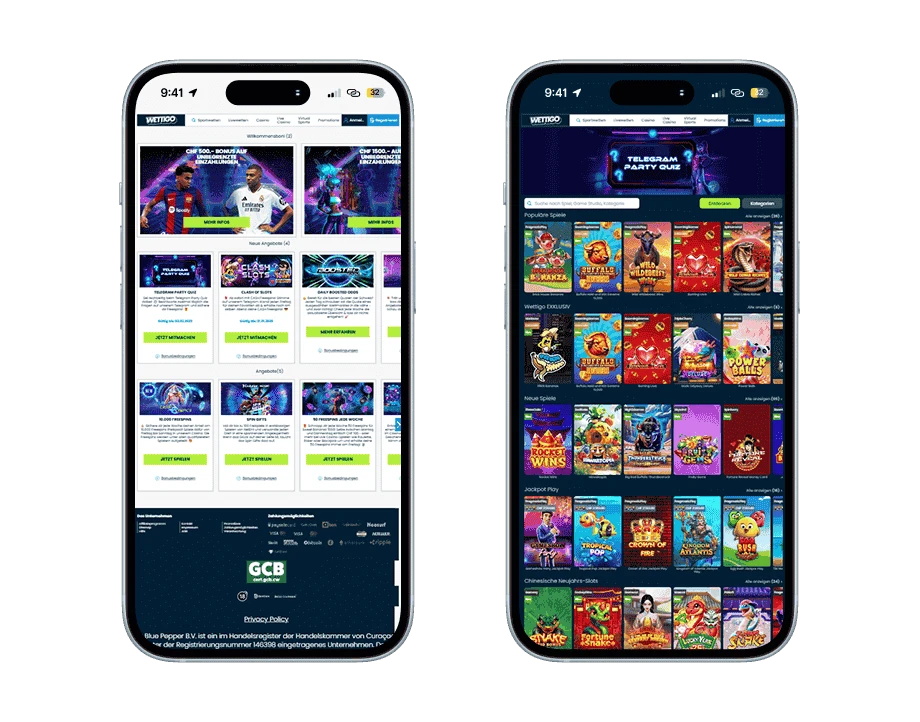 wettigo-casino-handy-screenshots Zwei Smartphones: Link sieht man die Promotions einschliesslich zwei Fussballspieler mit grüner Schaltfläche. Rechts sieht man die gesamte Spiele Lobby mit 25 farbigen Titelbildern.