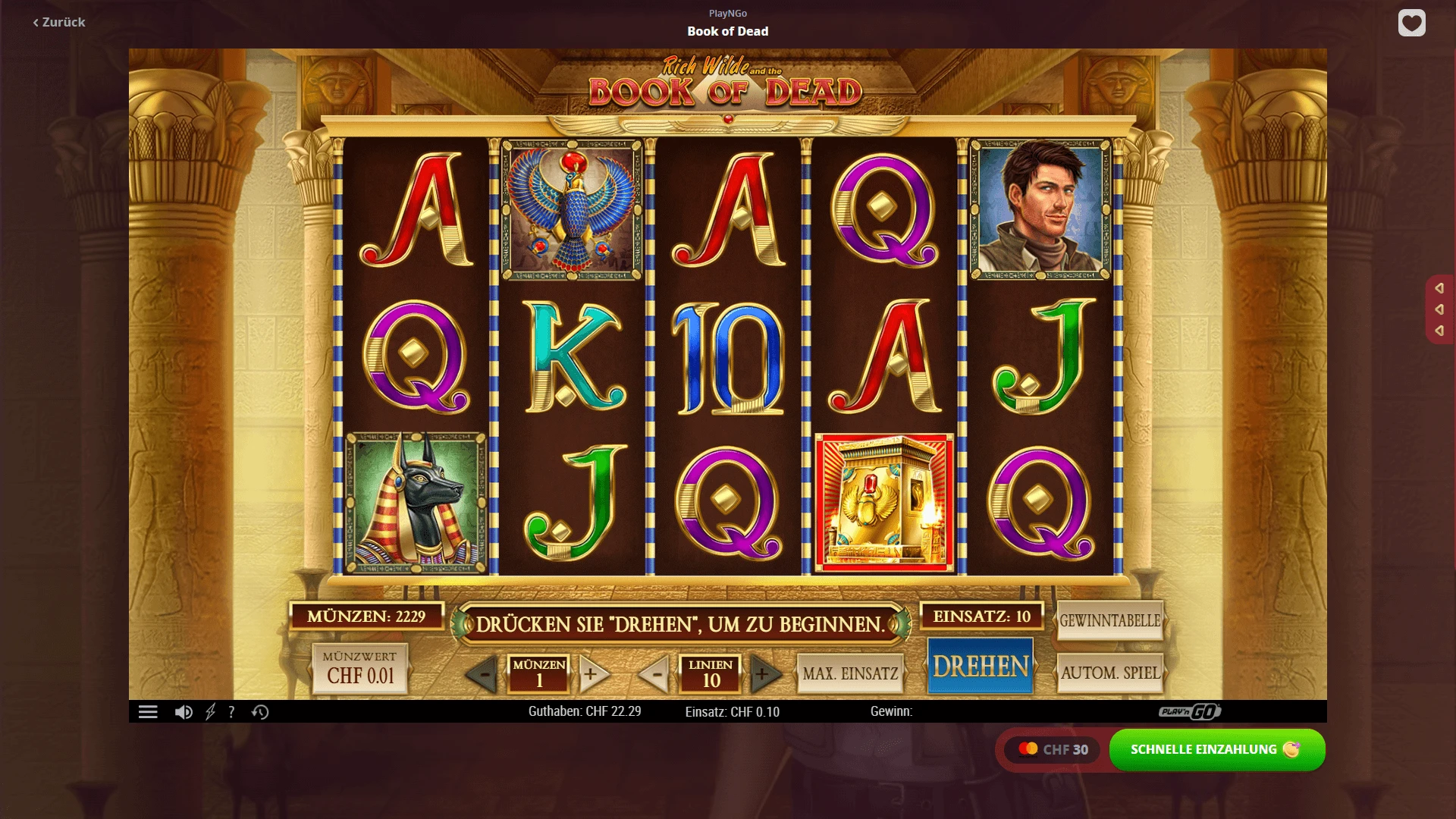 Book of Dead Screenshot Book of Dead Slot-Raster mit goldenen Temepsäulen sowie dem Rich Wilde Charakter.