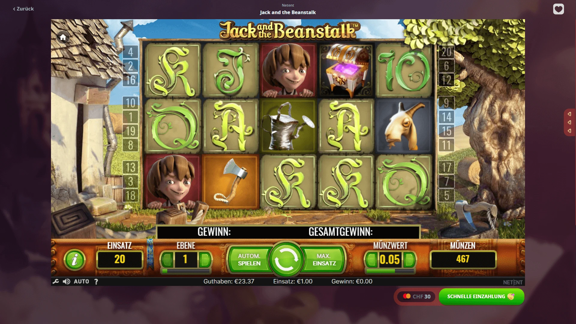 Jack and the Beanstalk Screenshot Jack and the Beanstalk Slot-Raster mit rankenförmigen Buchstaben, einer Ziege und Jack als Comic Figuren.