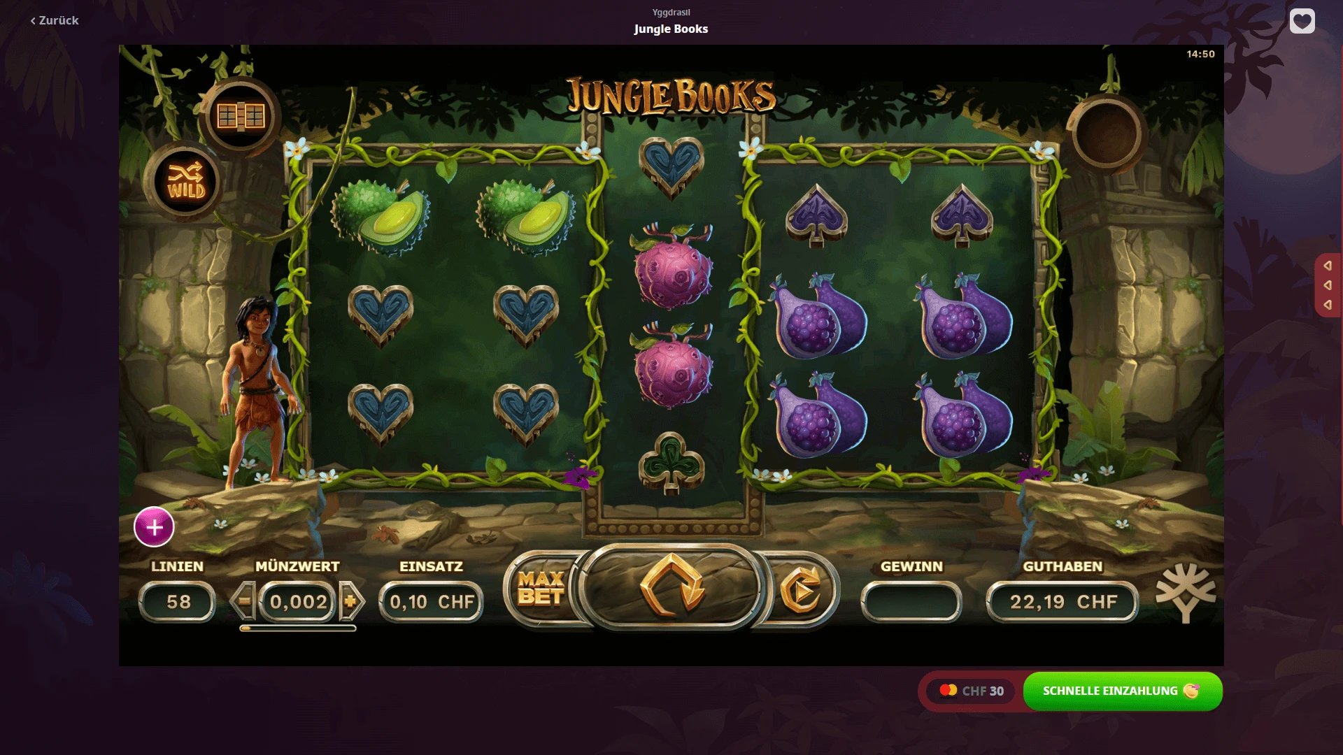 Jungle Books Screenshot Jungle Books Slot-Raster mit einer Mauer im Hintergrund, Mogli am Rand sow Früchtesymbolen.