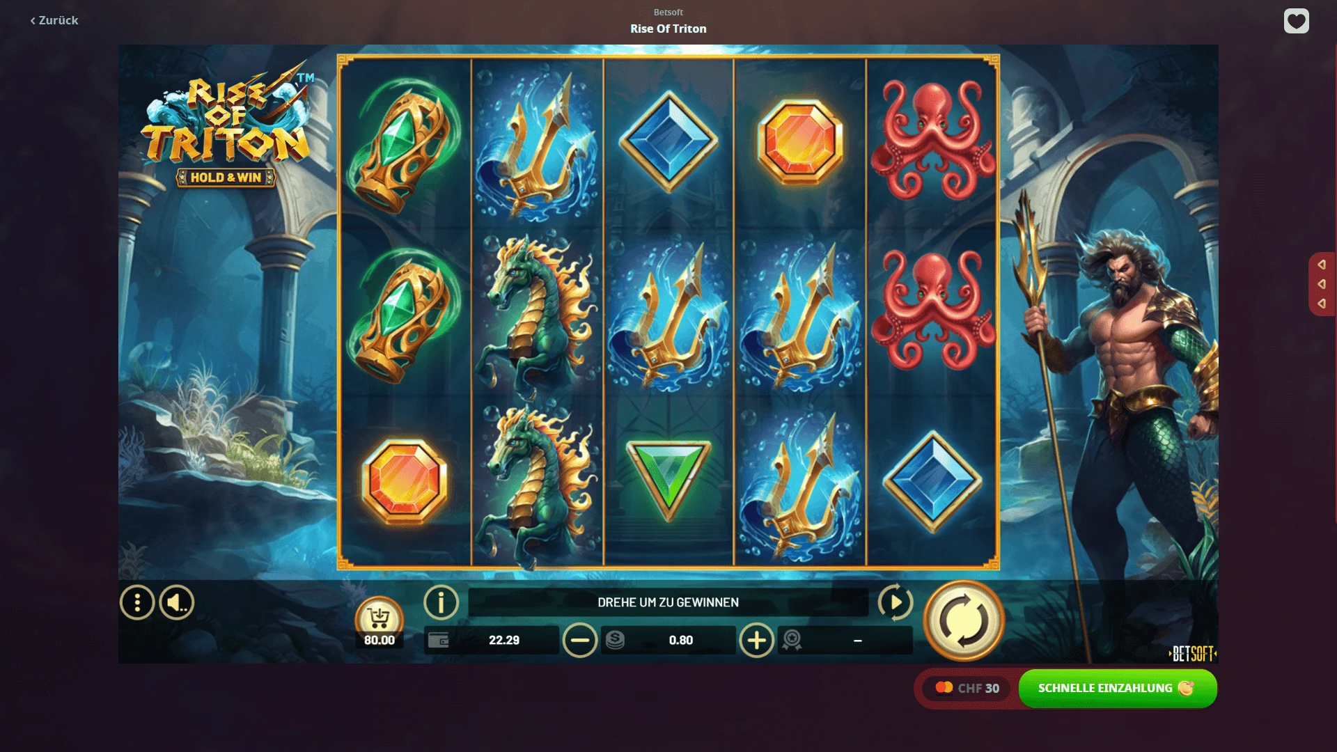 Rise of Triton Screenshot Rise of Triton Slot-Raster mit Dreizack-Symbolen, Kraken und dem Triton-Charakter.