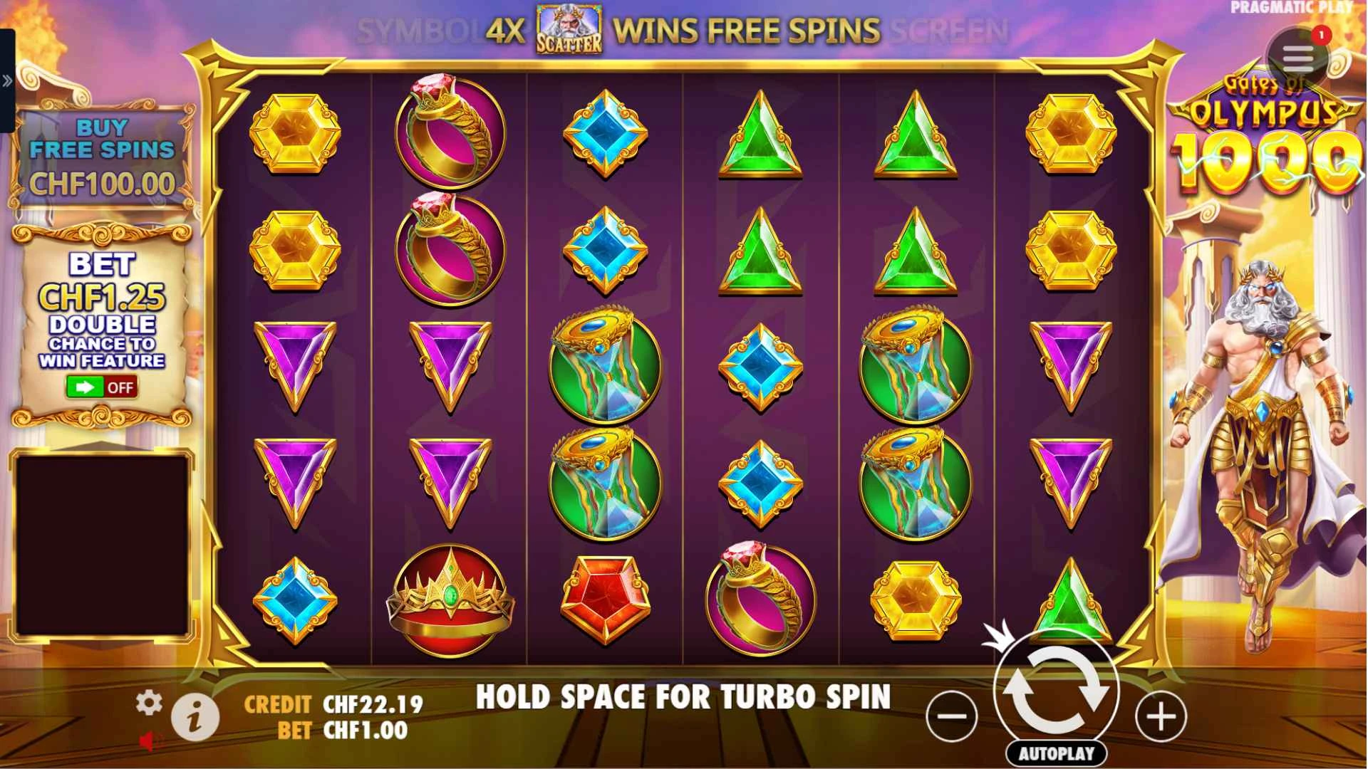 Gates of Olympus Slot-Raster mit Diamantensymbolen sowie Triton in einem goldenen Gewand.